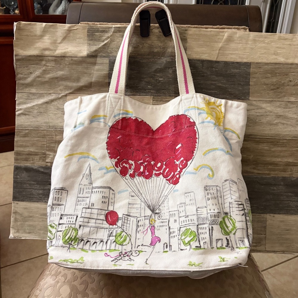 Brighton Canvas Tote Bag Heart City Illustration Pink Striped Straps Cream
